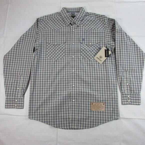 Ariat Pro Men's Long Sleeve Fairbanks Classic Fit Plaid Button Shirt Tan/Blue 10 - Picture 2 of 3